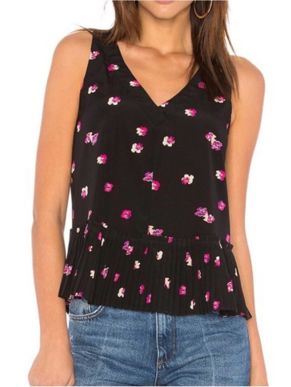 Silk Sleeveless Black Floral V-Neck Pleated Hem Top, Rebecca Taylor